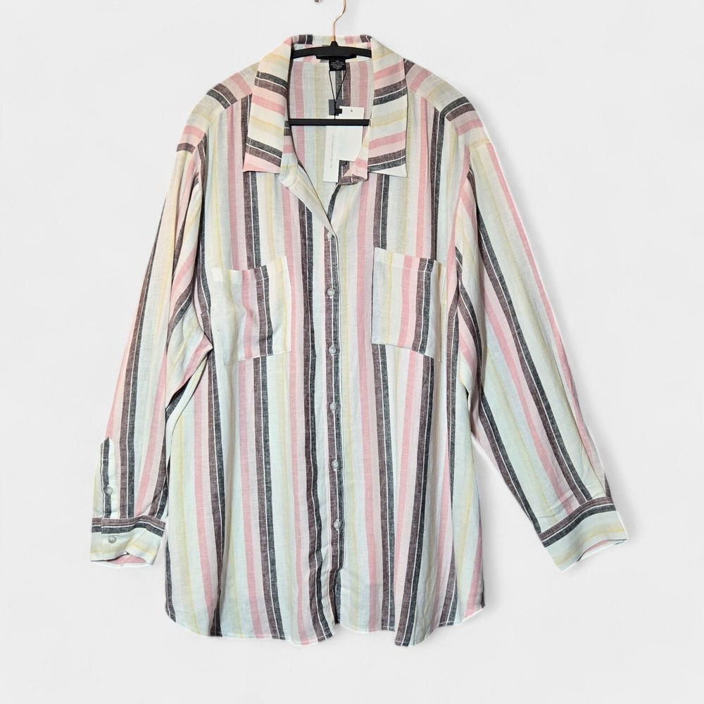 Sanctuary Favorite Boyfriend Striped Button Down Shirt 3X Linen Blend Oversized